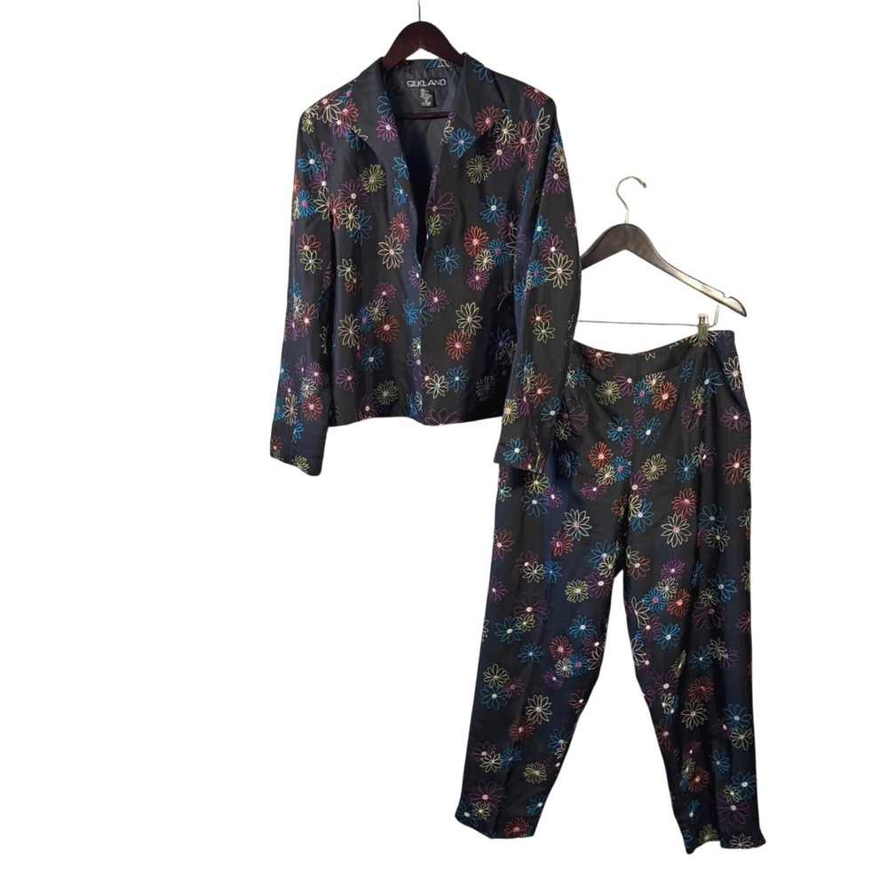 Silkland Womens 100% Silk 2 Piece Pant Suit‎ Set Black Embroidered Floral XL